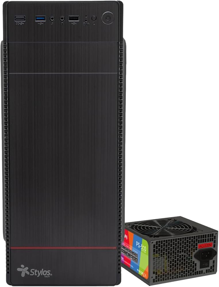 Gabinete Stylos + fuente de poder de 500W, Micro-ATX, Negro